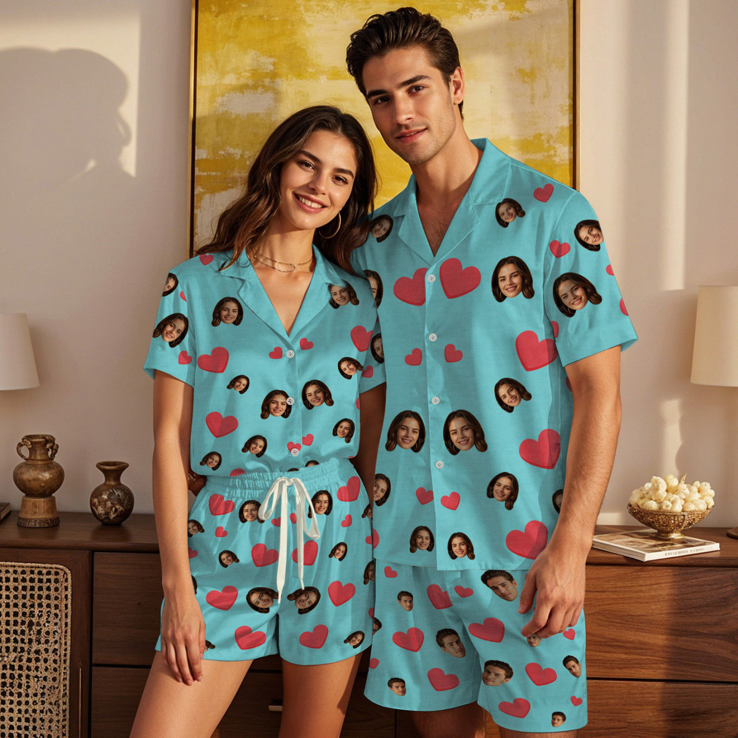 Kurzärmliger Pyjama Mit Individuellem Gesicht, Individuell Gestalteter Pyjama Mit Rotem Herzfoto - dephotoblanket