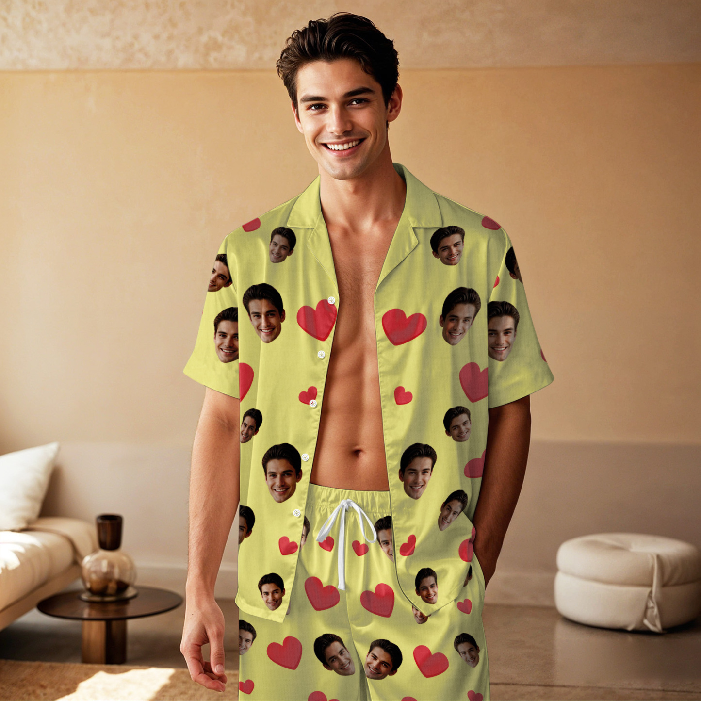 Kurzärmliger Pyjama Mit Individuellem Gesicht, Individuell Gestalteter Pyjama Mit Rotem Herzfoto - dephotoblanket