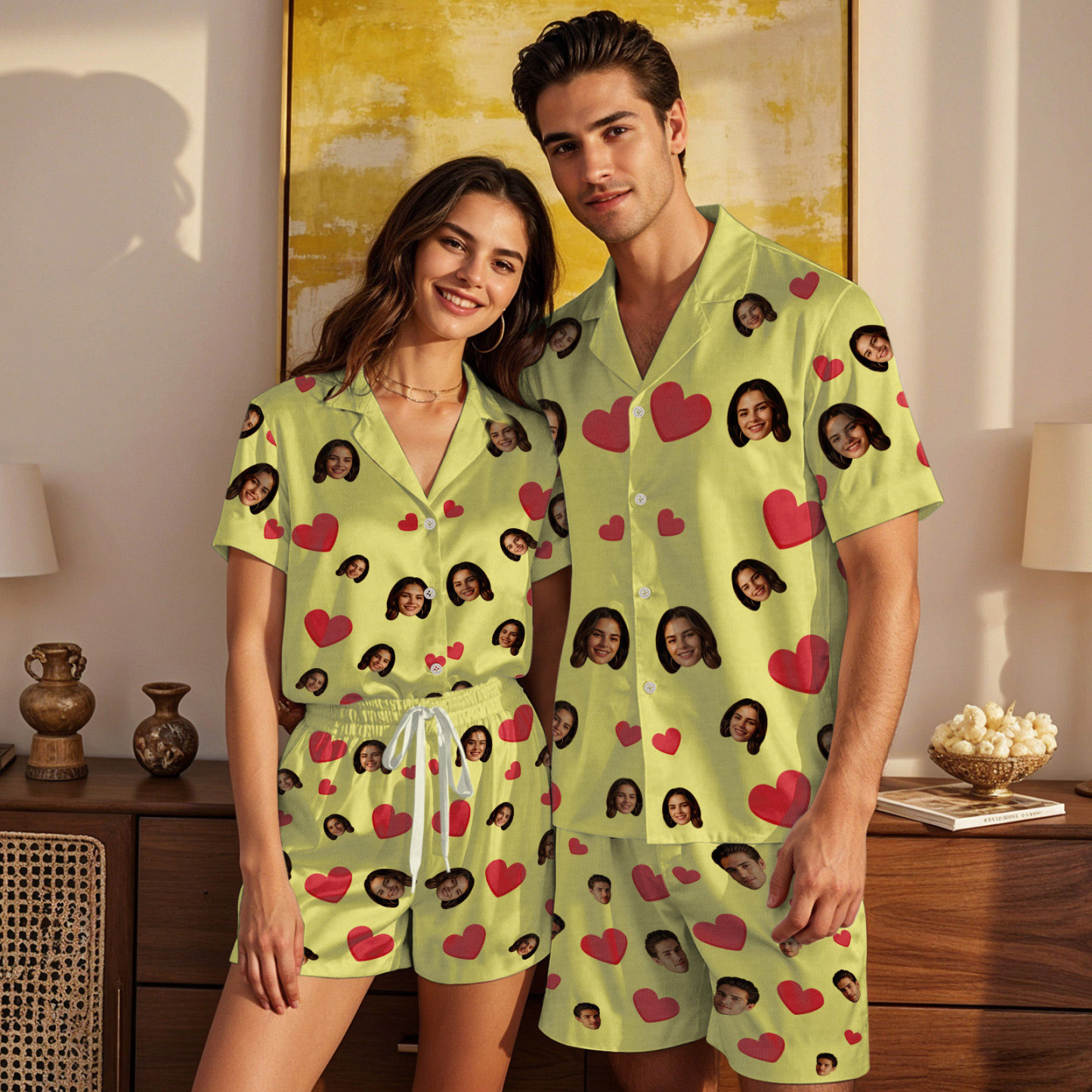 Kurzärmliger Pyjama Mit Individuellem Gesicht, Individuell Gestalteter Pyjama Mit Rotem Herzfoto - dephotoblanket