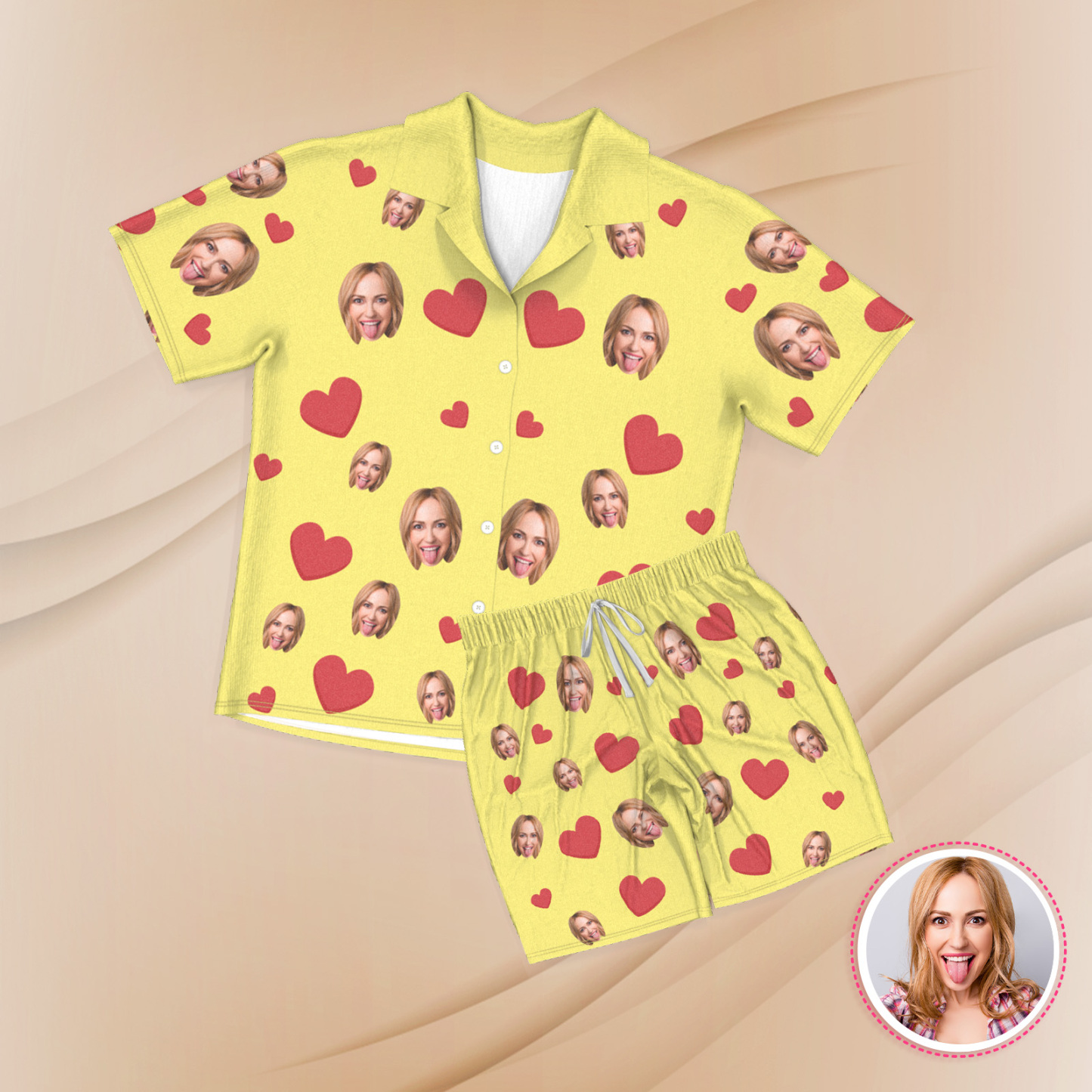 Kurzärmliger Pyjama Mit Individuellem Gesicht, Individuell Gestalteter Pyjama Mit Rotem Herzfoto - dephotoblanket