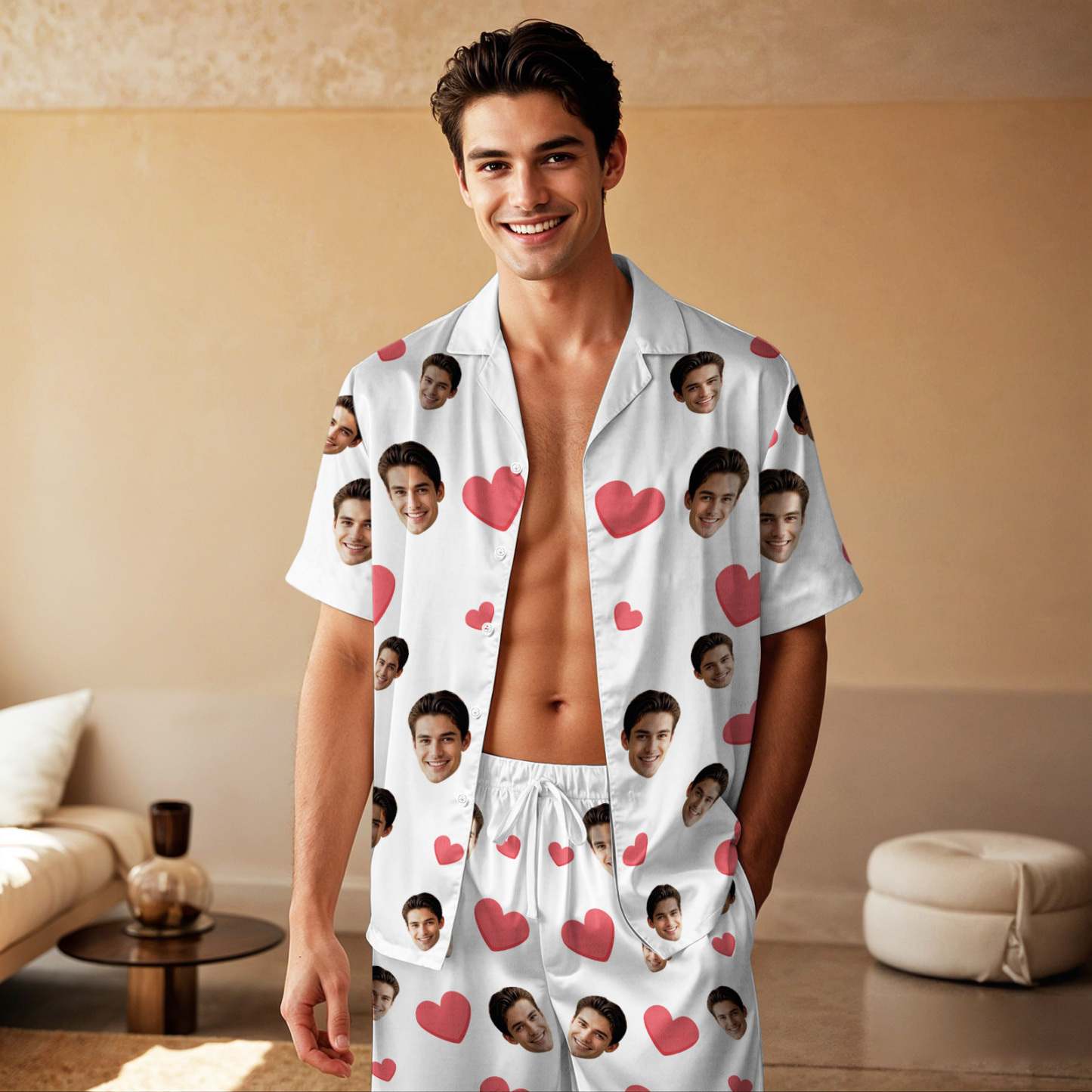 Kurzärmliger Pyjama Mit Individuellem Gesicht, Individuell Gestalteter Pyjama Mit Rotem Herzfoto - dephotoblanket