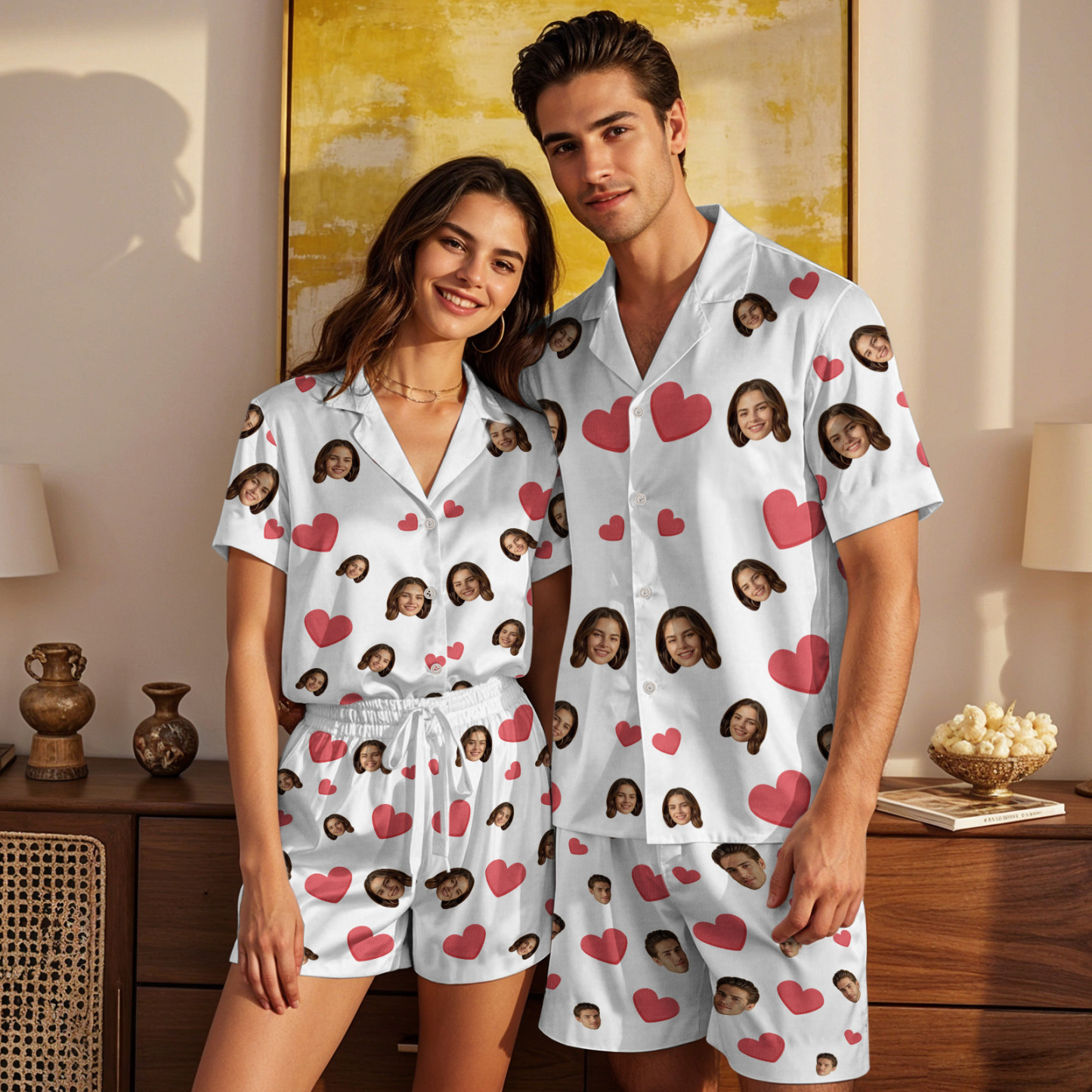 Kurzärmliger Pyjama Mit Individuellem Gesicht, Individuell Gestalteter Pyjama Mit Rotem Herzfoto - dephotoblanket