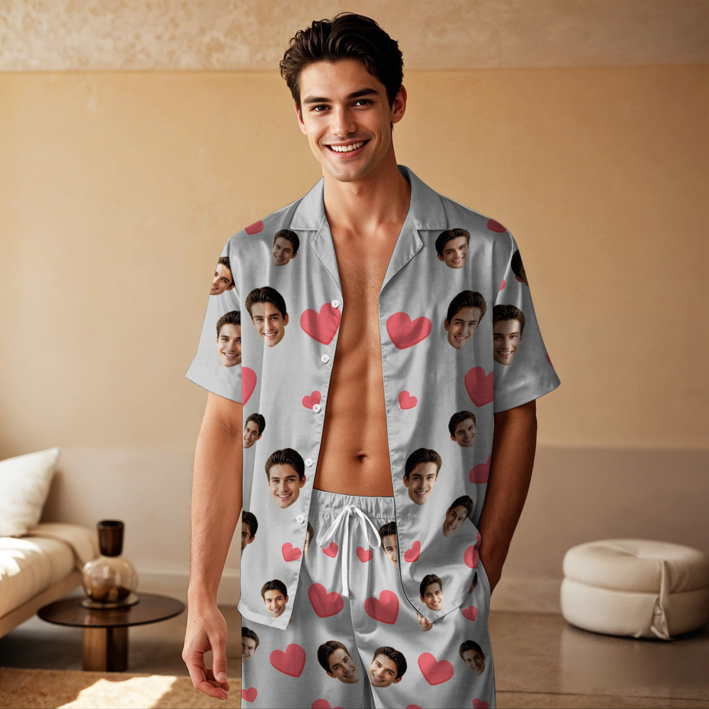 Kurzärmliger Pyjama Mit Individuellem Gesicht, Individuell Gestalteter Pyjama Mit Rotem Herzfoto - dephotoblanket