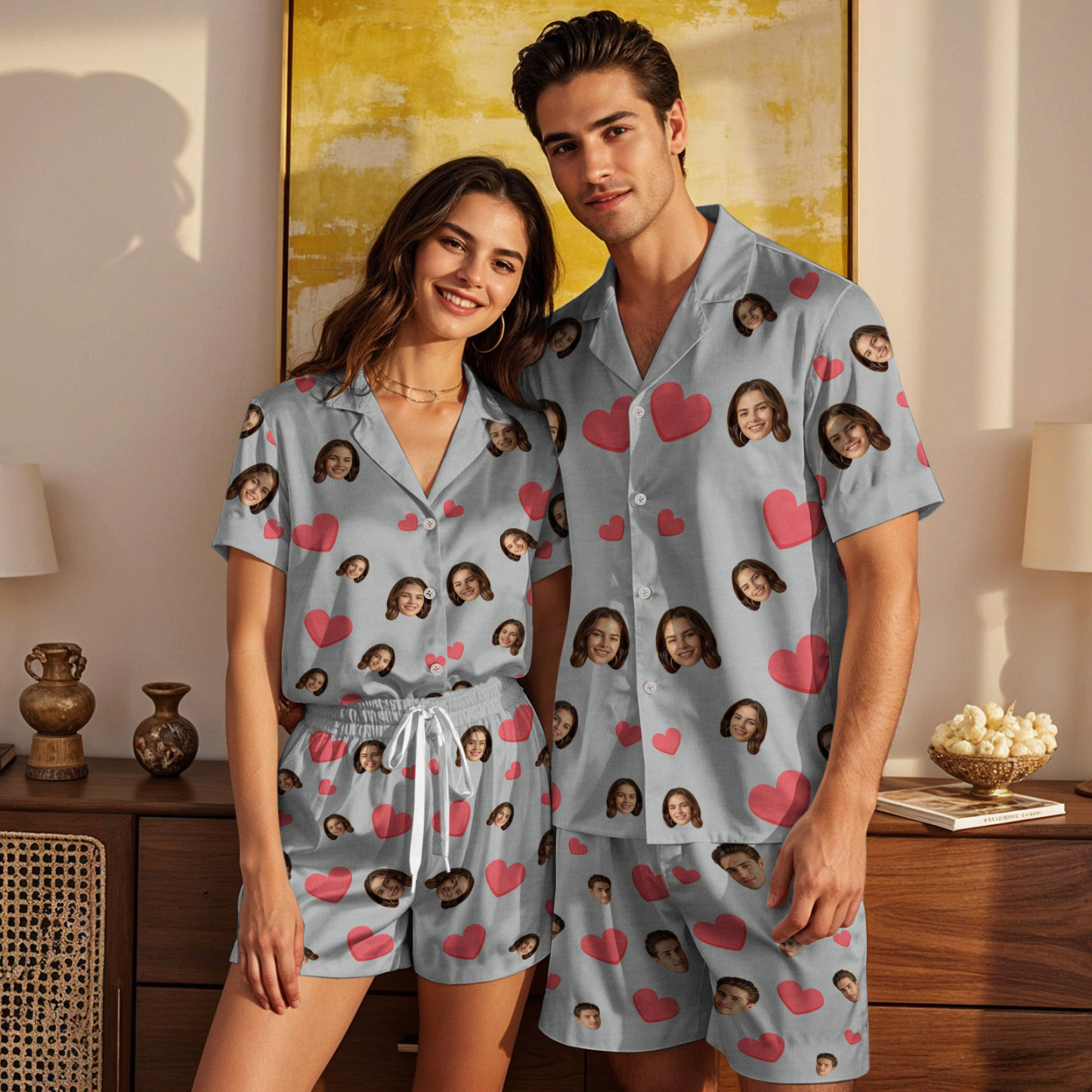 Kurzärmliger Pyjama Mit Individuellem Gesicht, Individuell Gestalteter Pyjama Mit Rotem Herzfoto - dephotoblanket