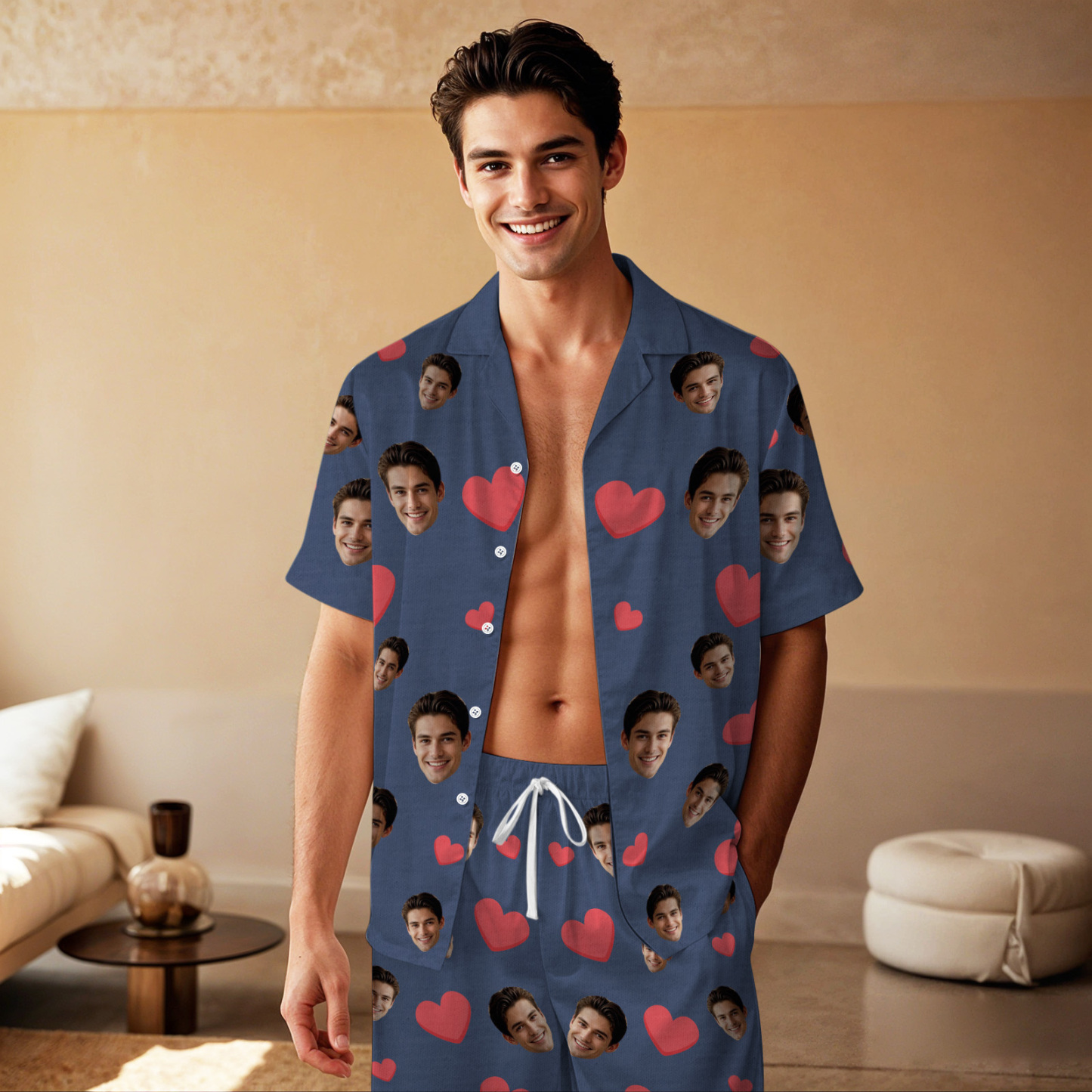 Kurzärmliger Pyjama Mit Individuellem Gesicht, Individuell Gestalteter Pyjama Mit Rotem Herzfoto - dephotoblanket