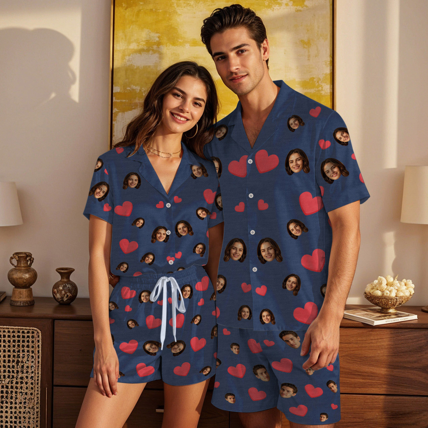 Kurzärmliger Pyjama Mit Individuellem Gesicht, Individuell Gestalteter Pyjama Mit Rotem Herzfoto - dephotoblanket