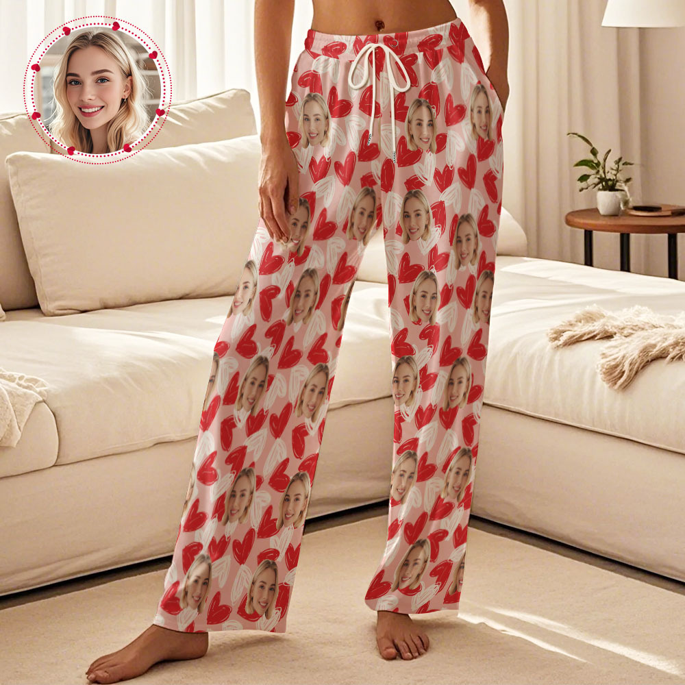Pyjama-hose Mit Individuellem Gesicht, Personalisierte Herz-paar-pyjama-hose - dephotoblanket