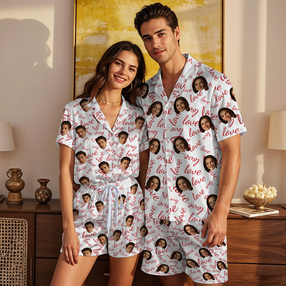 Kurzärmliger Pyjama Mit Individuellem Gesicht, Personalisierter Paar-pyjama, Be Mine-nachtwäsche - dephotoblanket