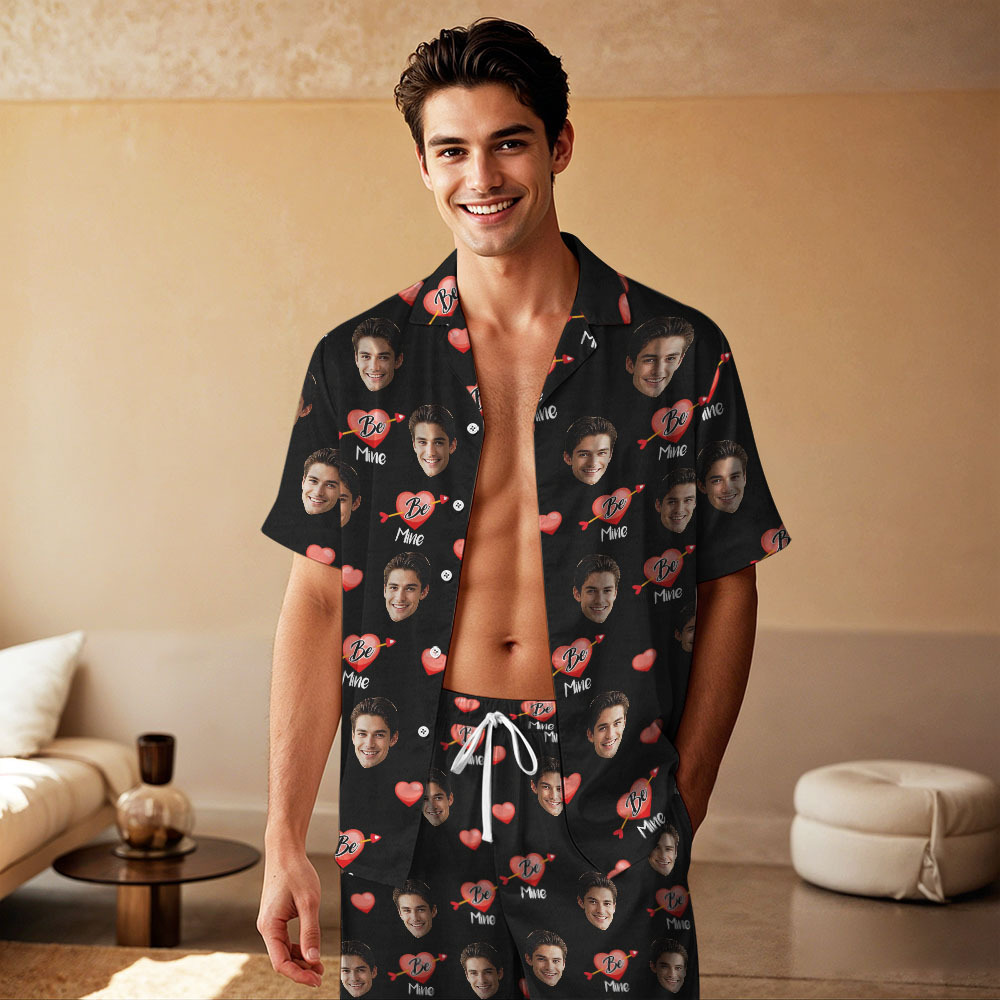 Kurzärmliger Pyjama Mit Individuellem Gesicht, Personalisierter Paar-pyjama, Be Mine-nachtwäsche - dephotoblanket