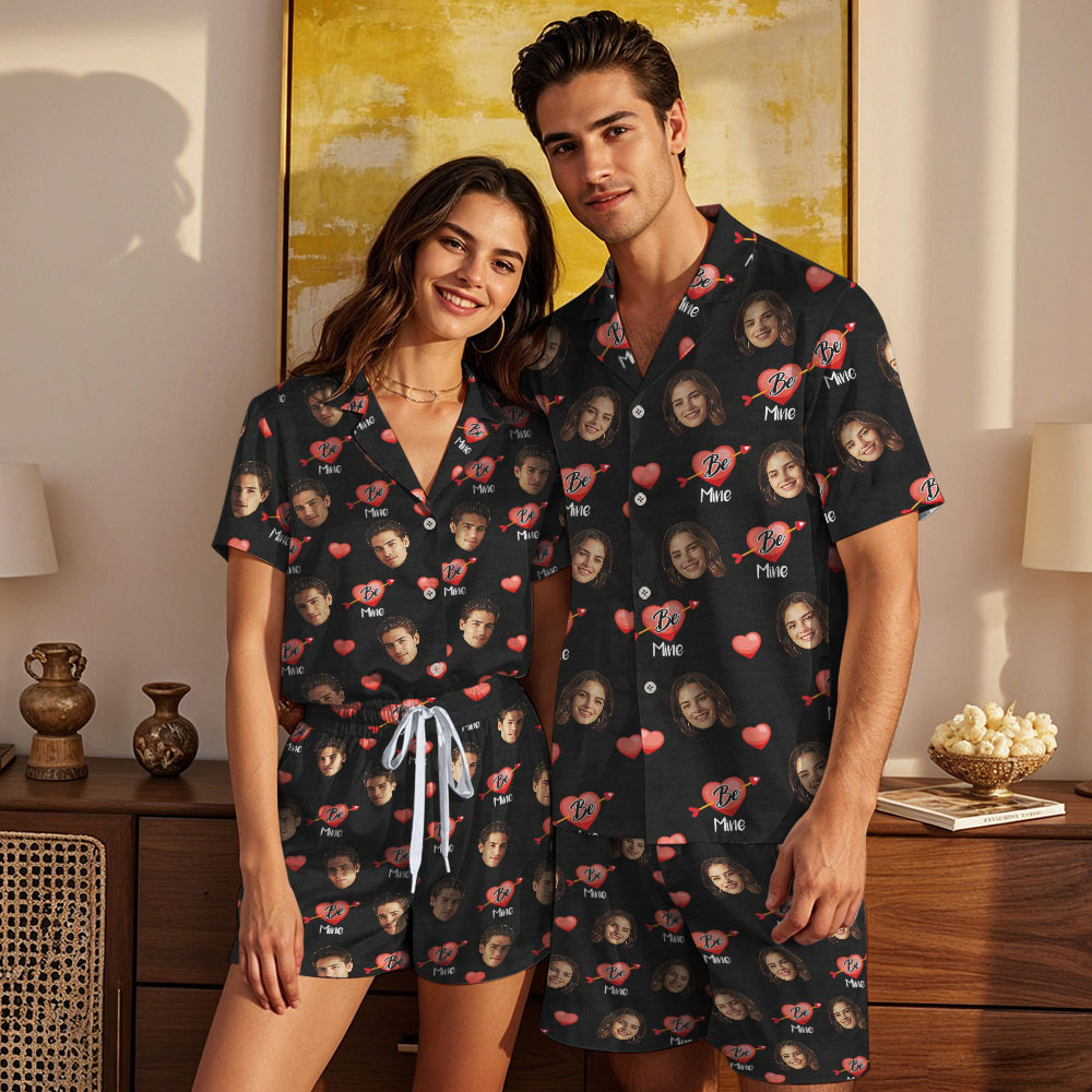 Kurzärmliger Pyjama Mit Individuellem Gesicht, Personalisierter Paar-pyjama, Be Mine-nachtwäsche - dephotoblanket