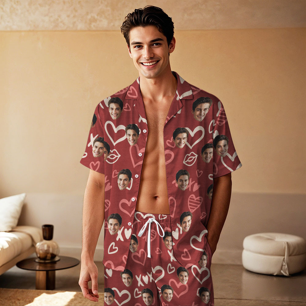 Kurzärmliger Pyjama Mit Individuellem Gesicht, Personalisierter Paar-pyjama, Be Mine-nachtwäsche - dephotoblanket