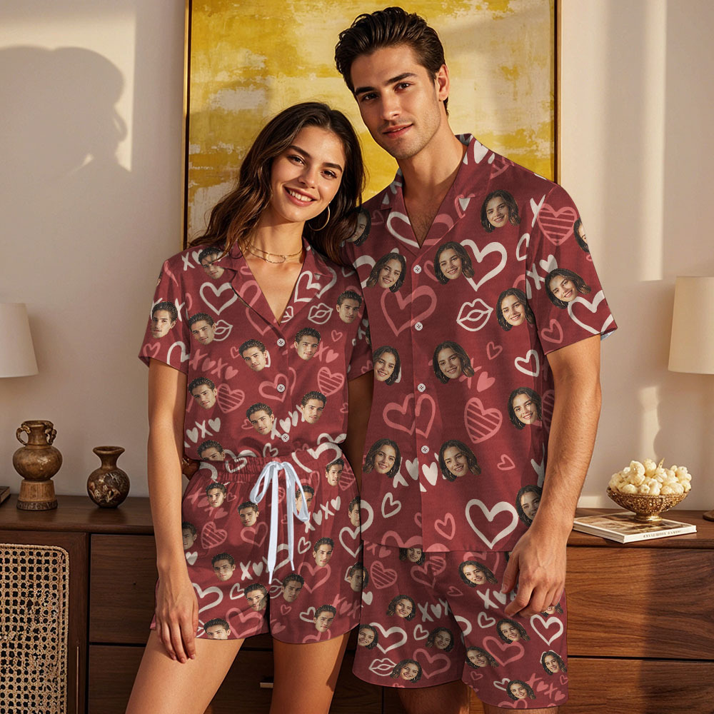Kurzärmliger Pyjama Mit Individuellem Gesicht, Personalisierter Paar-pyjama, Be Mine-nachtwäsche - dephotoblanket