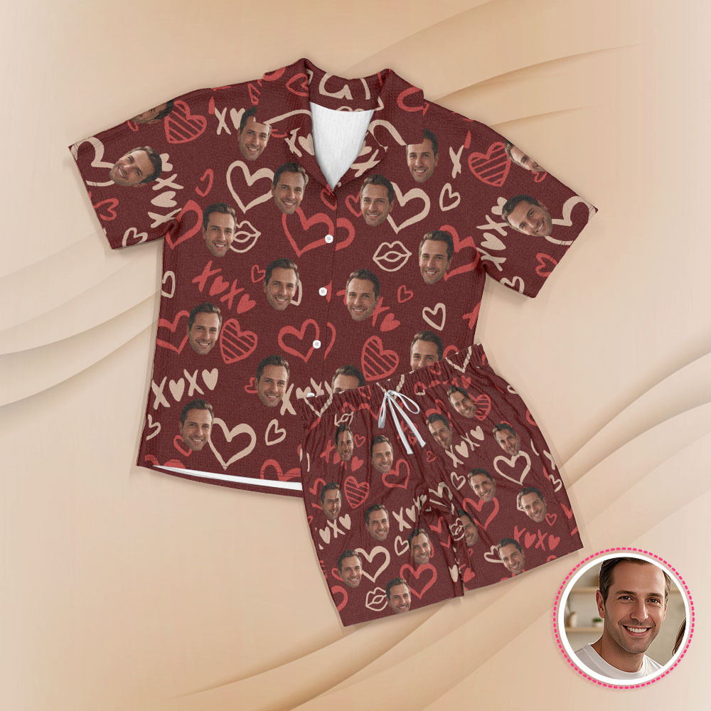 Kurzärmliger Pyjama Mit Individuellem Gesicht, Personalisierter Paar-pyjama, Be Mine-nachtwäsche - dephotoblanket