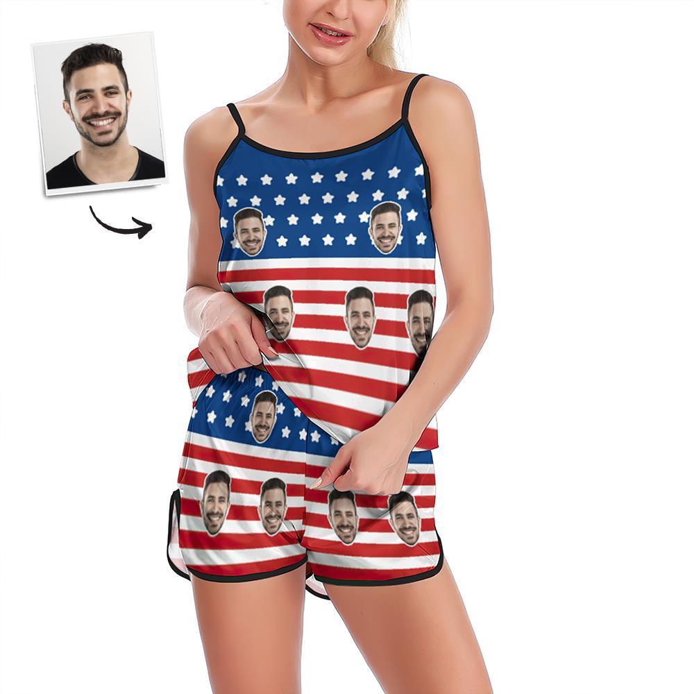 Benutzerdefinierte Gesichts-pyjamas, Hosenträger, Schlafmantel, Shorts, Dessous-set, Sommer-nachtwäsche – Usa-flagge - dephotoblanket