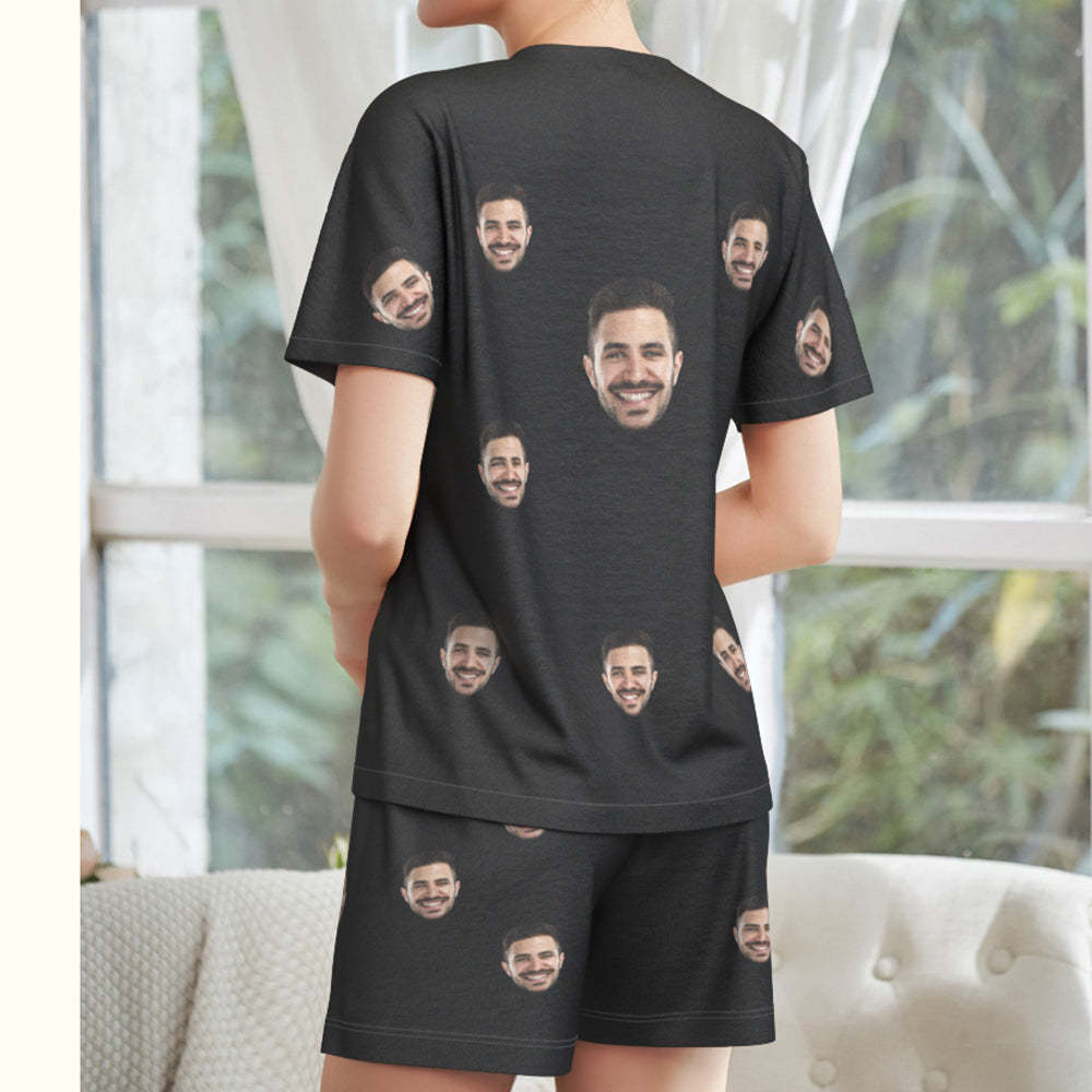 Benutzerdefinierter Gesichts-pyjama, Schwarz, Lustiges Kurzes Pyjama-set, Geschenk Für Frauen - dephotoblanket