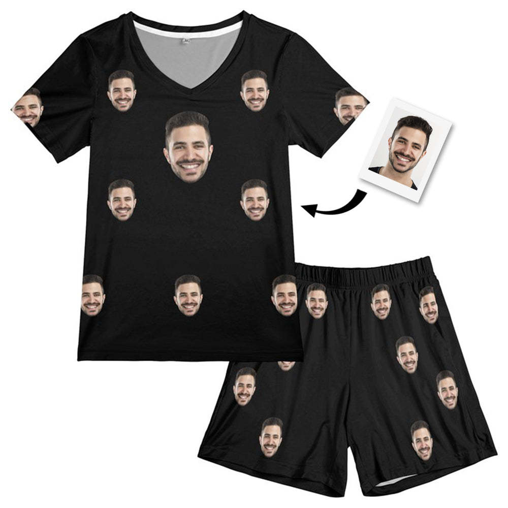 Benutzerdefinierter Gesichts-pyjama, Schwarz, Lustiges Kurzes Pyjama-set, Geschenk Für Frauen - dephotoblanket
