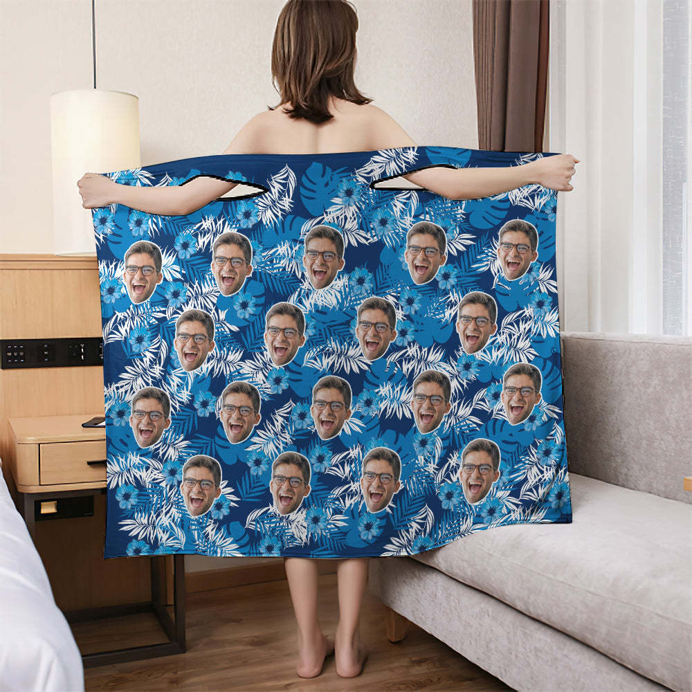 Benutzerdefinierte Badetuch Mode Bad Kleid Hause Bademäntel Weicher Und Saugfähiger Bademantel Blaue Blätter - dephotoblanket