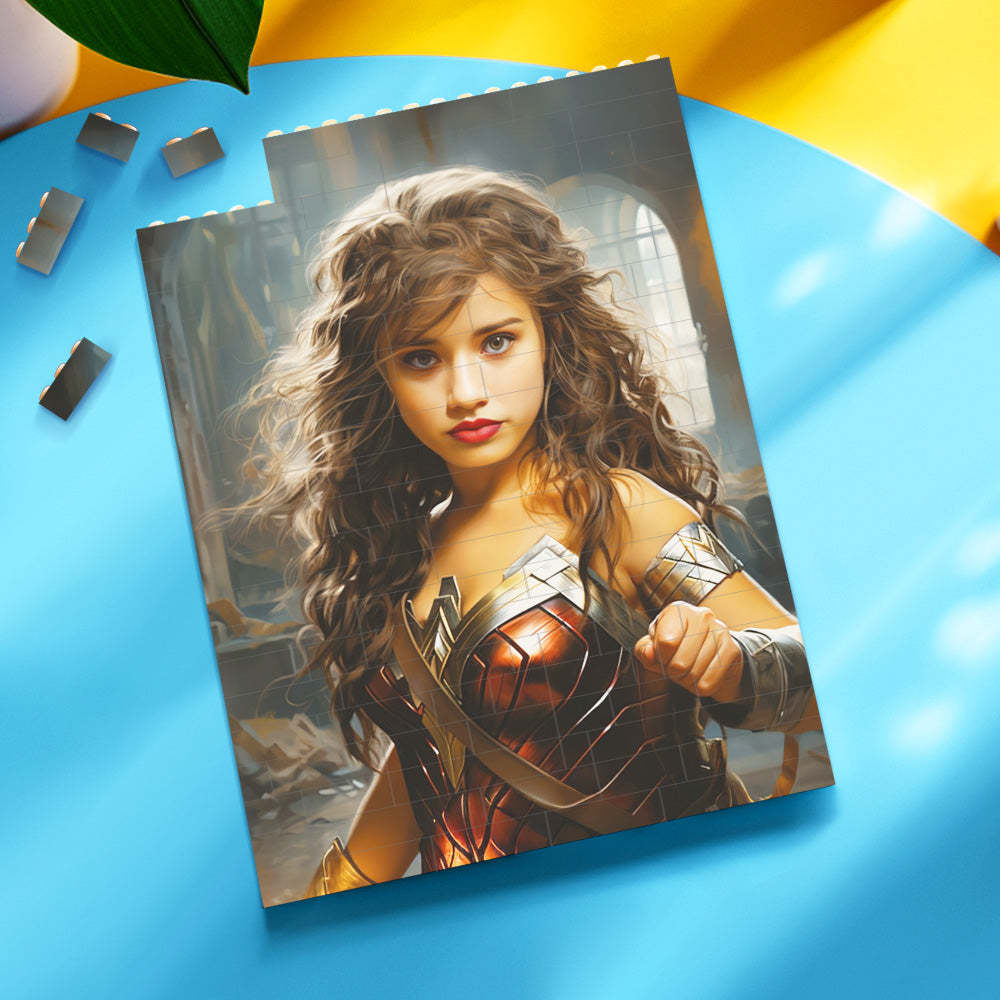 Personalisiertes Backstein-rechteck-gebäude-fotoblock, Individuelles Gesicht Wonder Woman-plakette - dephotoblanket