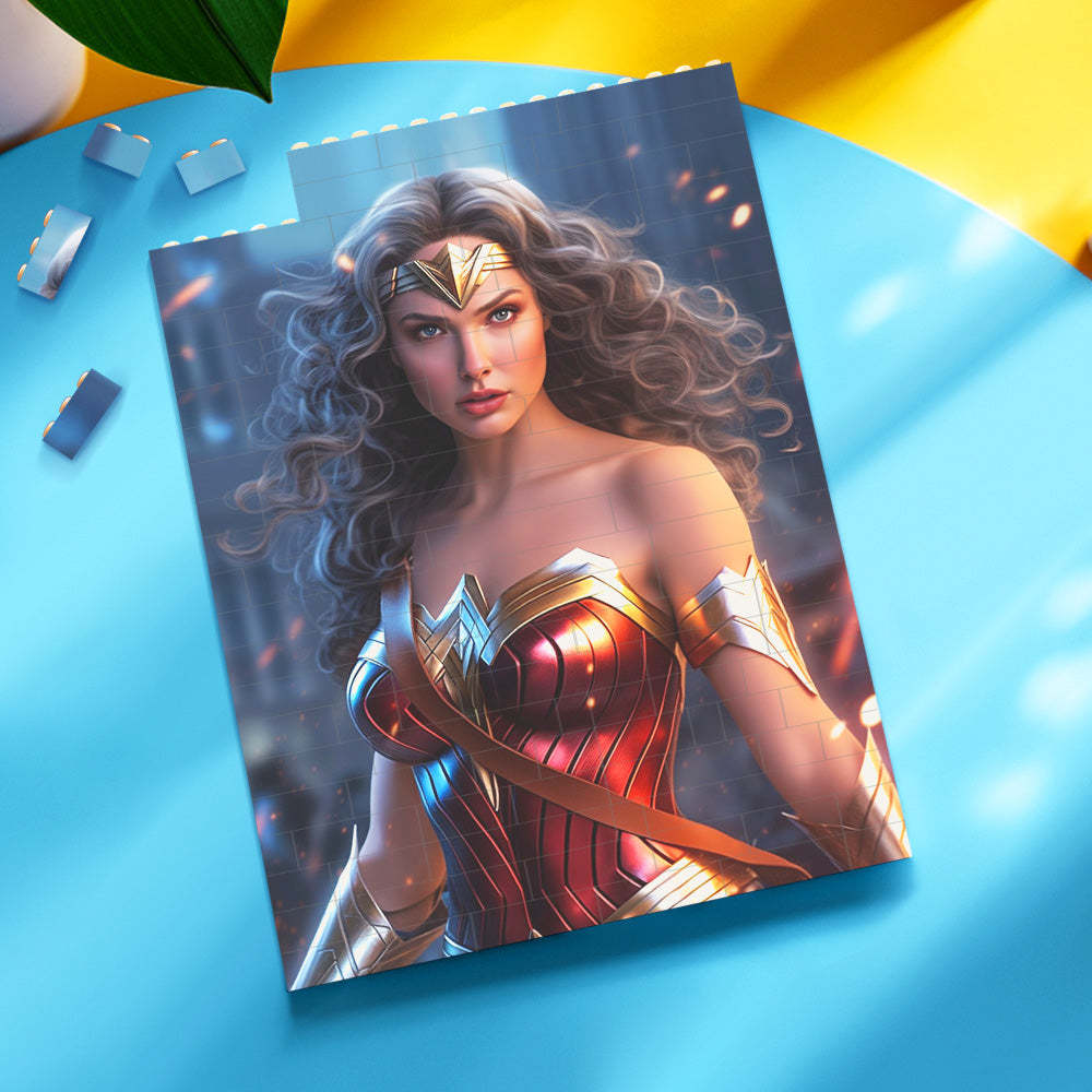 Personalisiertes Backstein-rechteck-gebäude-fotoblock, Individuelles Gesicht Wonder Woman-plakette - dephotoblanket