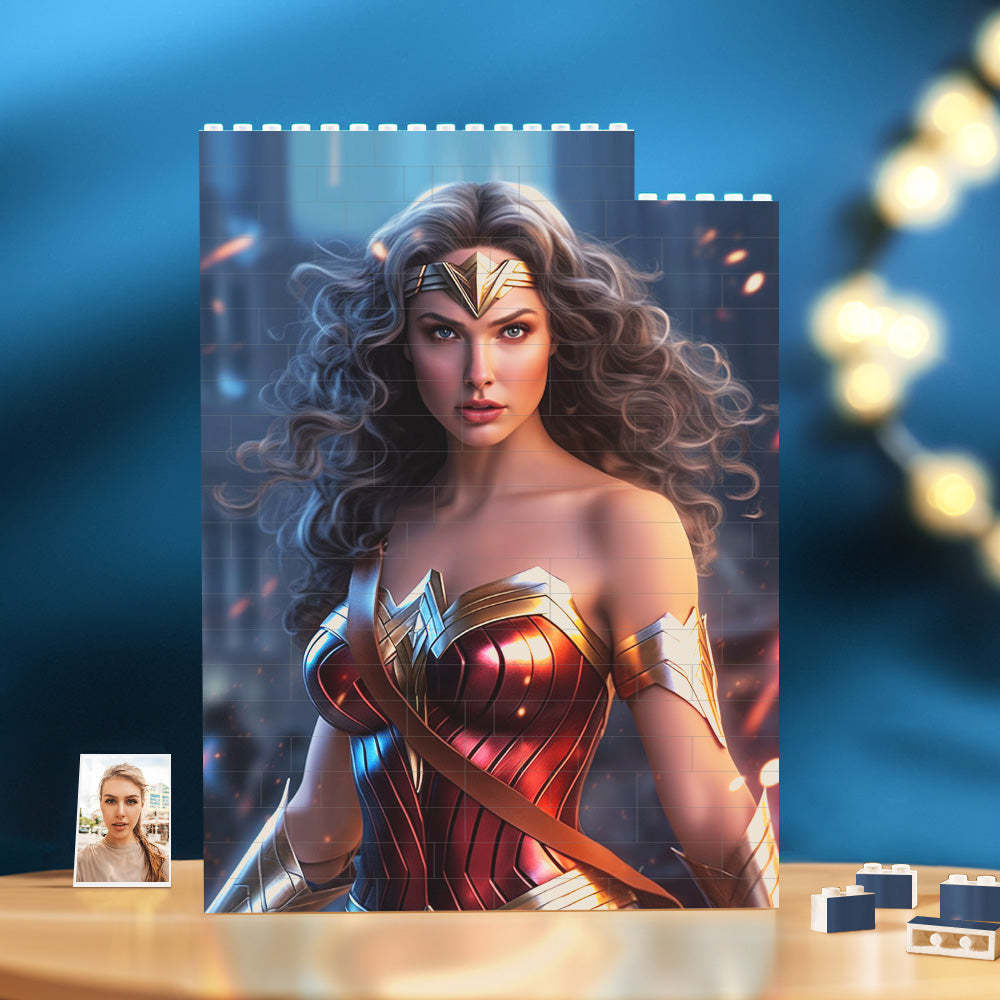 Personalisiertes Backstein-rechteck-gebäude-fotoblock, Individuelles Gesicht Wonder Woman-plakette - dephotoblanket
