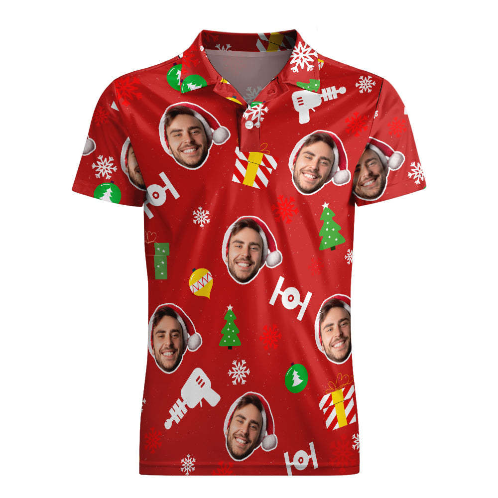 Personalisiertes Foto-rotes Kurzarm-poloshirt, Personalisiertes Weihnachts-herren-golfshirt, Herren-tops - dephotoblanket