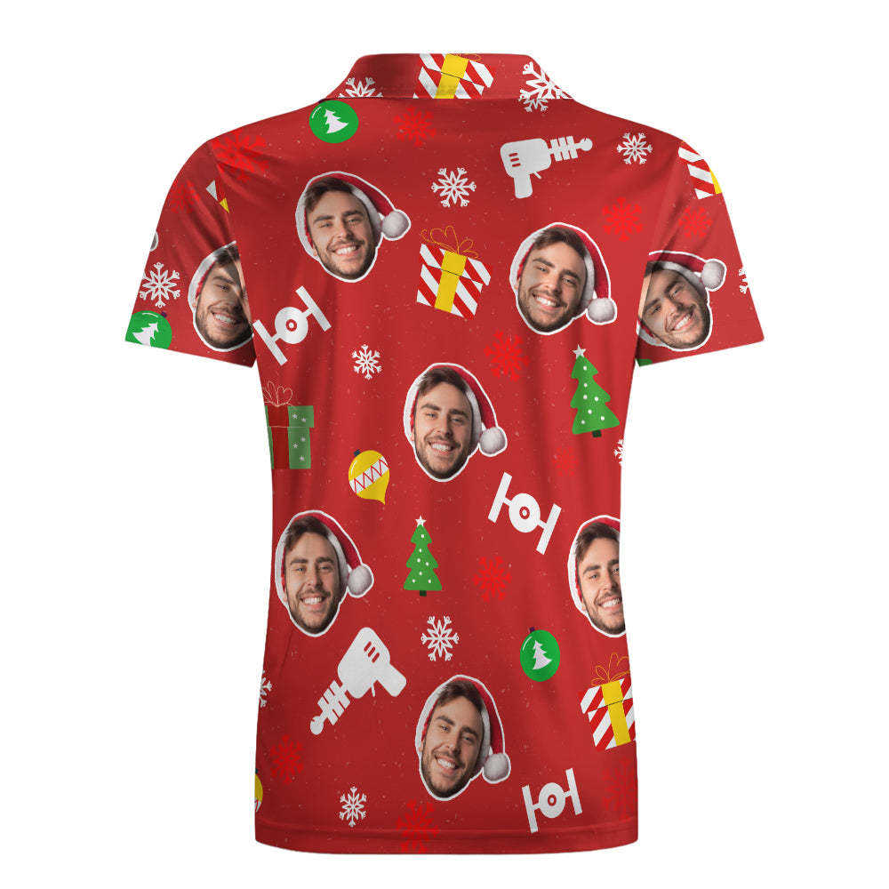 Personalisiertes Foto-rotes Kurzarm-poloshirt, Personalisiertes Weihnachts-herren-golfshirt, Herren-tops - dephotoblanket
