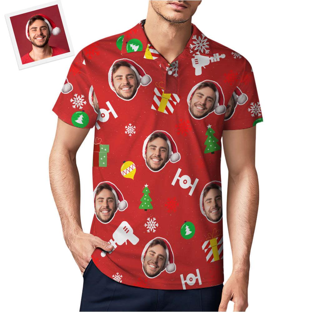 Personalisiertes Foto-rotes Kurzarm-poloshirt, Personalisiertes Weihnachts-herren-golfshirt, Herren-tops - dephotoblanket