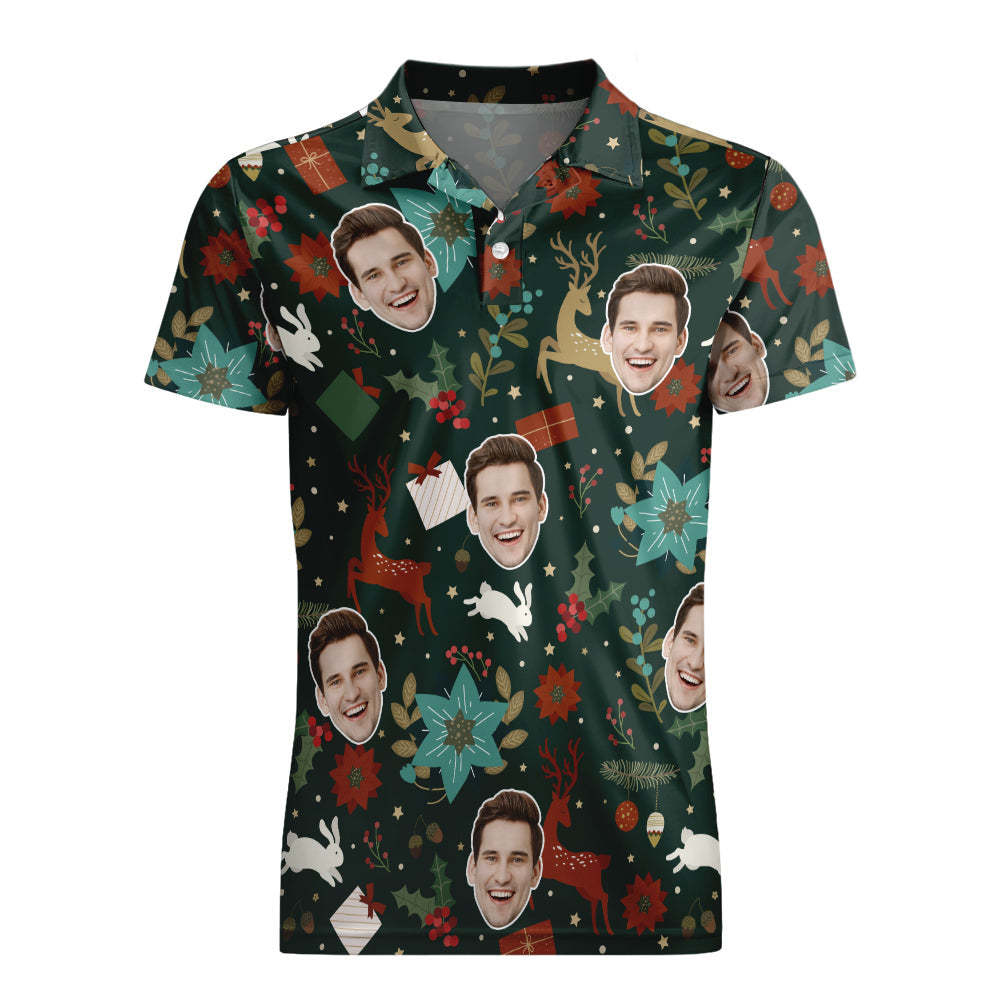 Benutzerdefinierte Foto Kurzarm Poloshirt Personalisierte Weihnachten Golden Deer Muster Golf Shirt Herren Tops - dephotoblanket