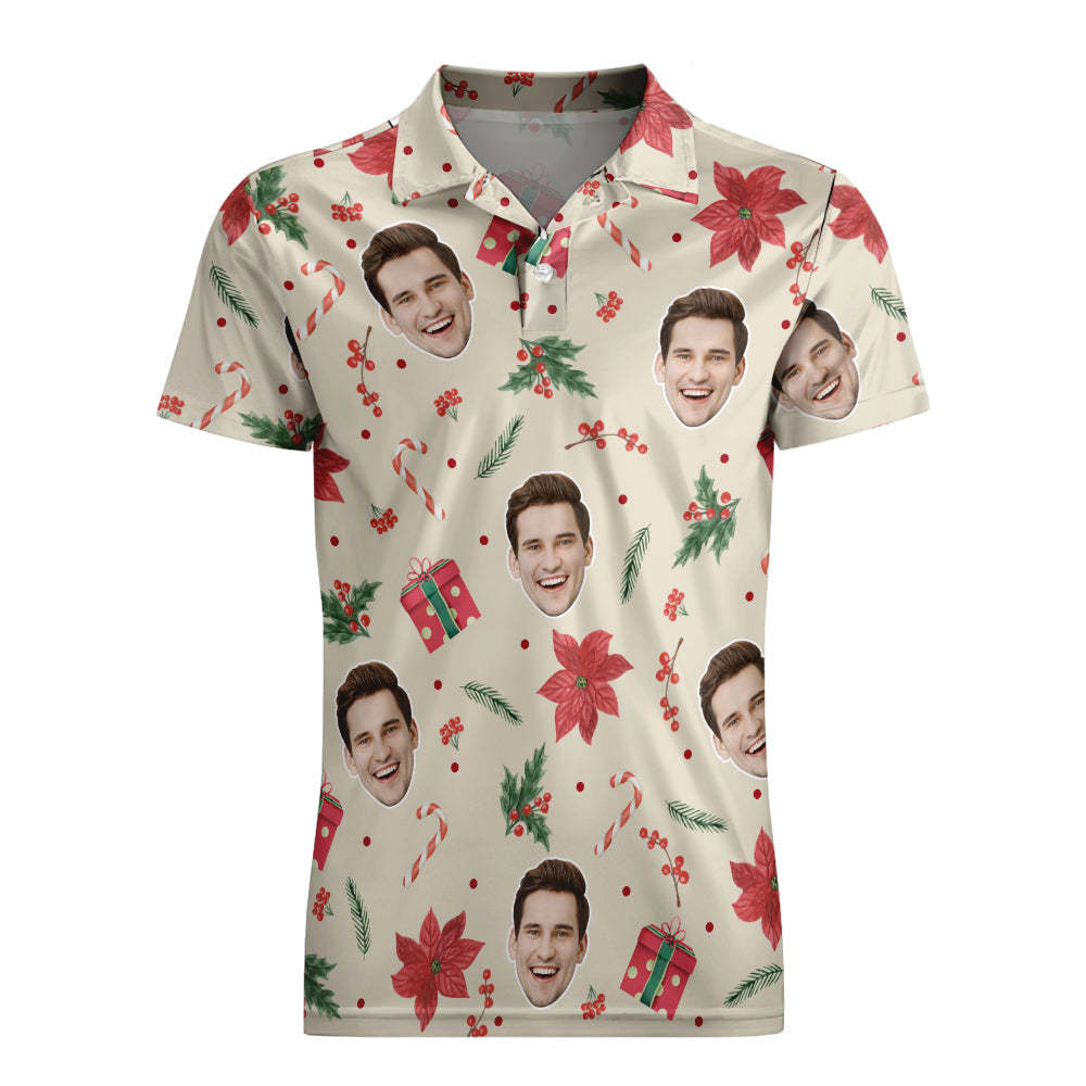 Benutzerdefinierte Foto Vintage Kurzarm Poloshirt Personalisierte Weihnachtselemente Nahtlose Muster Golf Shirt Herren Tops - dephotoblanket