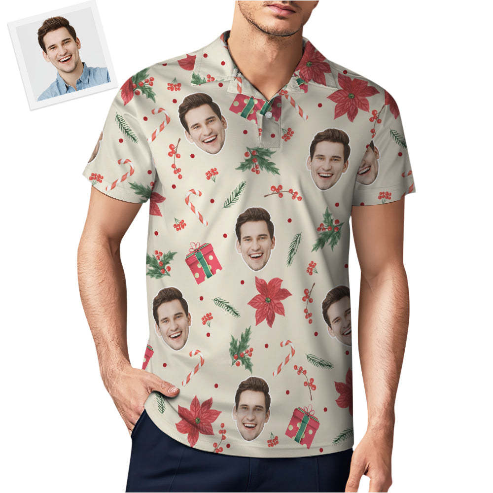 Benutzerdefinierte Foto Vintage Kurzarm Poloshirt Personalisierte Weihnachtselemente Nahtlose Muster Golf Shirt Herren Tops - dephotoblanket