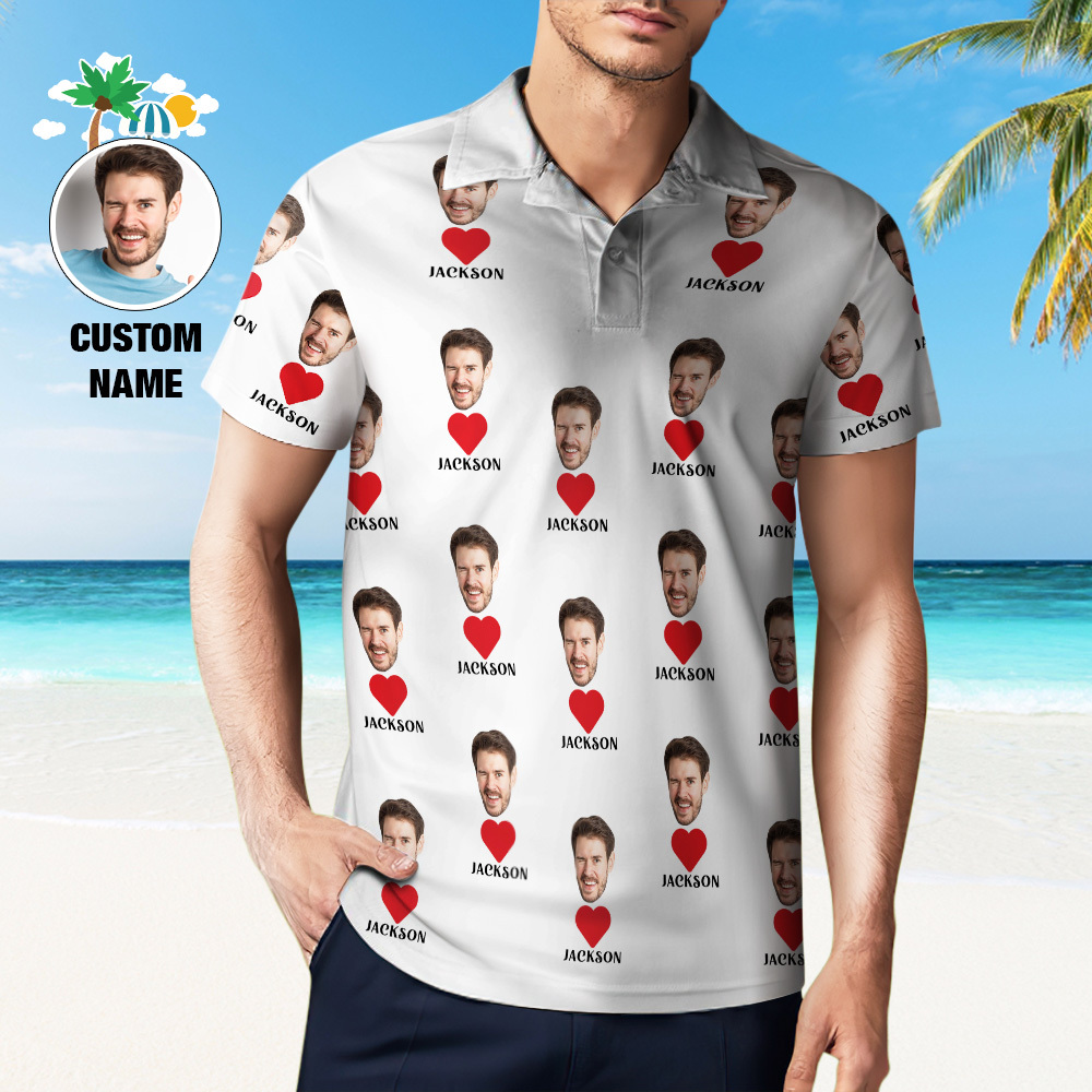 Poloshirt Mit Individuellem Namen, Personalisierte Herzen, Kurzärmeliges Golfshirt Mit Bildlogo, Individuelle Poloshirts Für Herren - dephotoblanket