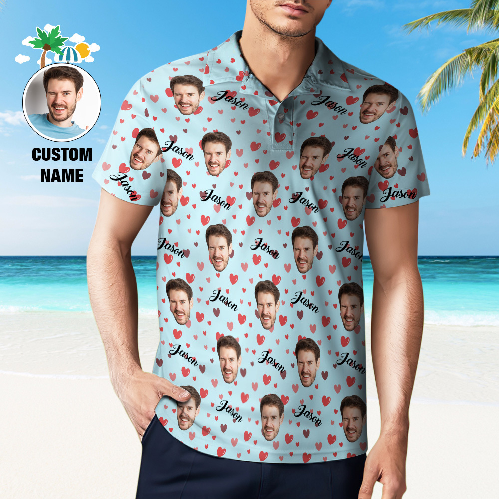 Poloshirt Mit Individuellem Namen, Personalisierte Herzen, Kurzärmeliges Golfshirt Mit Bildlogo, Individuelle Poloshirts Für Herren - dephotoblanket