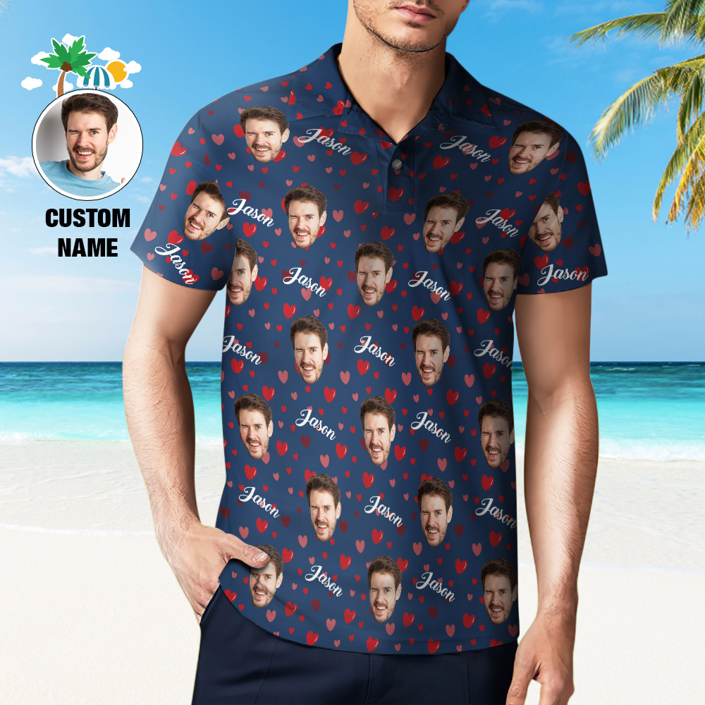 Poloshirt Mit Individuellem Namen, Personalisierte Herzen, Kurzärmeliges Golfshirt Mit Bildlogo, Individuelle Poloshirts Für Herren - dephotoblanket