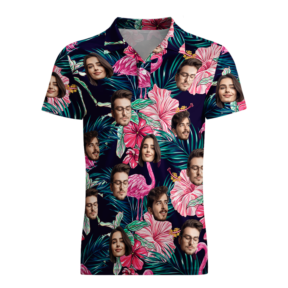 Individuelles Poloshirt Mit Gesicht, Personalisiertes Flamingo-blumen-poloshirt Für Männer, Geschenk Für Ihn - dephotoblanket