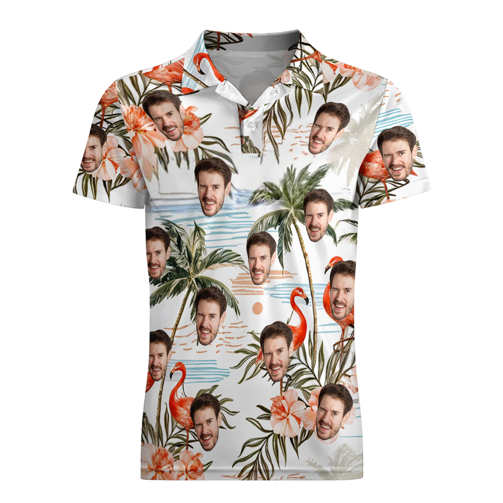Benutzerdefiniertes Poloshirt Mit Gesicht, Personalisiertes Orangefarbenes Flamingo-kokosnussbaum-poloshirt Für Männer, Geschenk Für Ihn - dephotoblanket