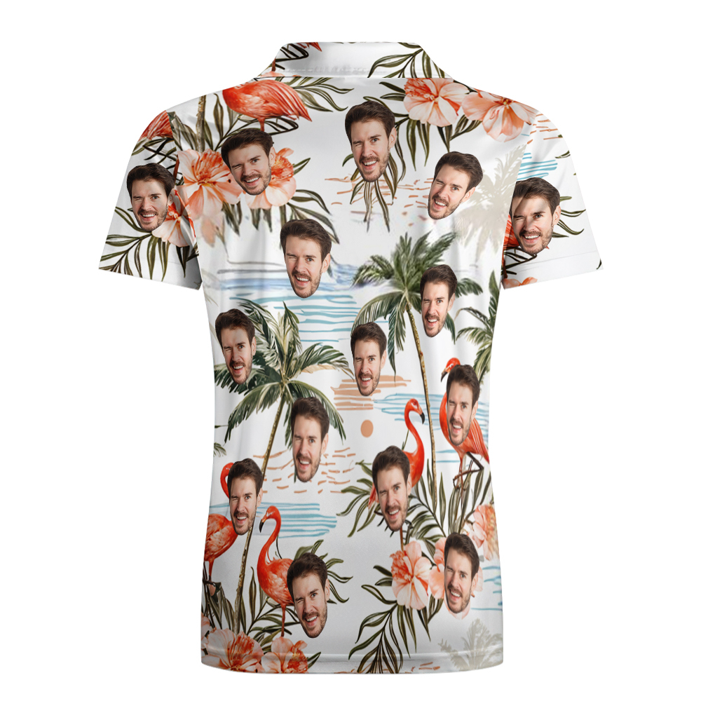 Benutzerdefiniertes Poloshirt Mit Gesicht, Personalisiertes Orangefarbenes Flamingo-kokosnussbaum-poloshirt Für Männer, Geschenk Für Ihn - dephotoblanket