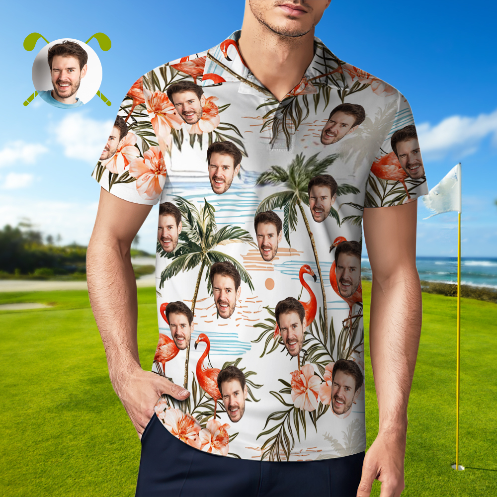 Benutzerdefiniertes Poloshirt Mit Gesicht, Personalisiertes Orangefarbenes Flamingo-kokosnussbaum-poloshirt Für Männer, Geschenk Für Ihn - dephotoblanket