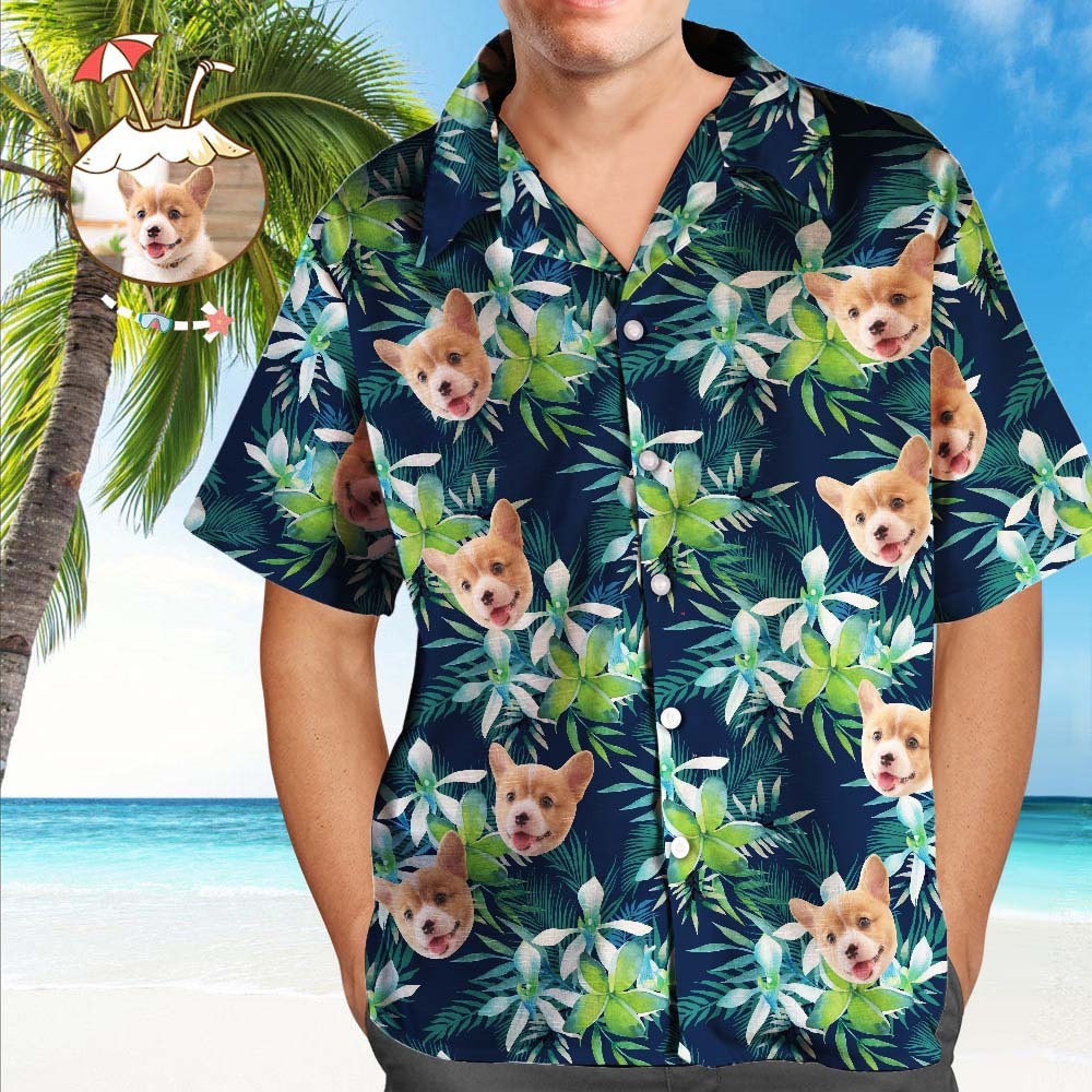 Benutzerdefiniertes Hawaii-Hemd mit Gesicht, individuelles Hundegesicht, tropische Hemden, Blätter - dephotoblanket