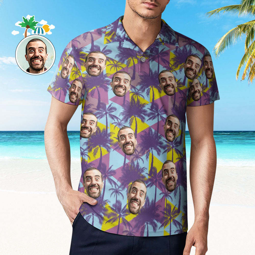 Herren-poloshirt Mit Individuellem Gesicht, Bunte Kokosnussbäume, Personalisierte Hawaiianische Golf-shirts - dephotoblanket