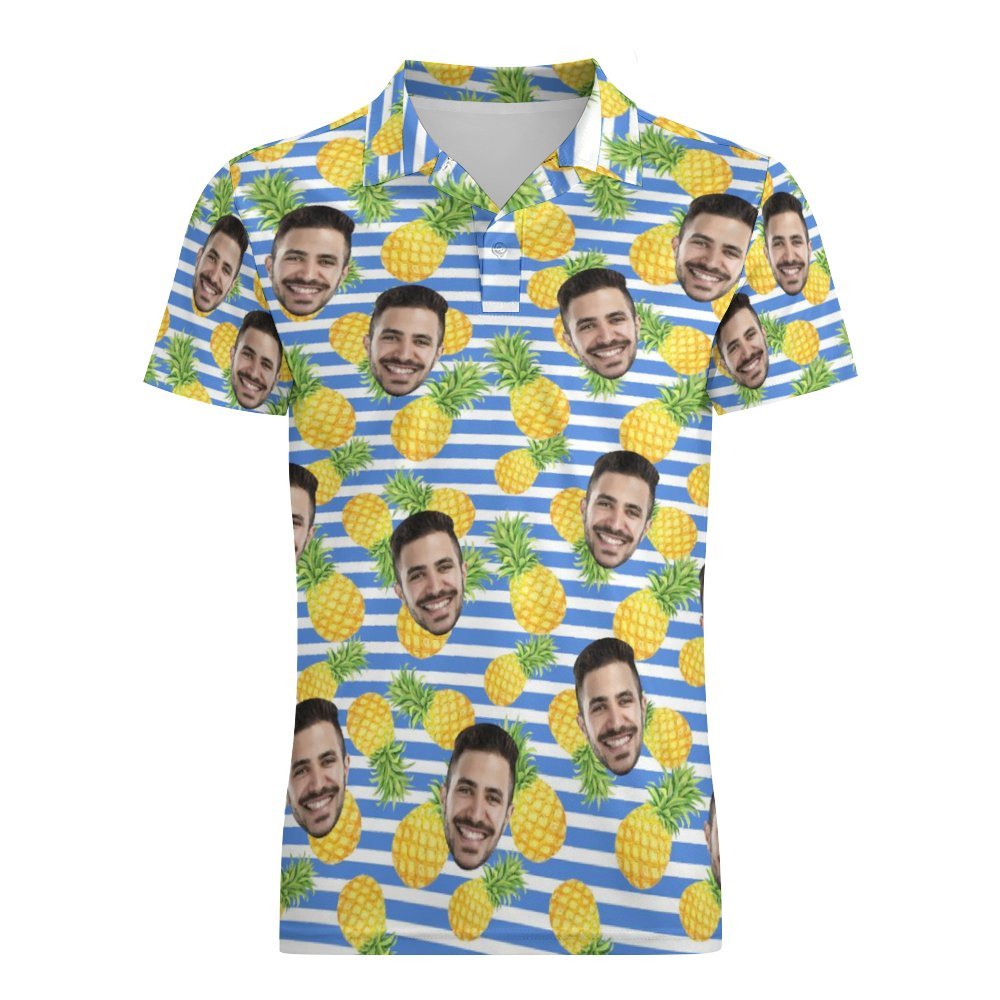 Herren-poloshirt Mit Individuellem Gesicht, Blaue Streifen Mit Ananas, Personalisierte Hawaiianische Golf-shirts - dephotoblanket
