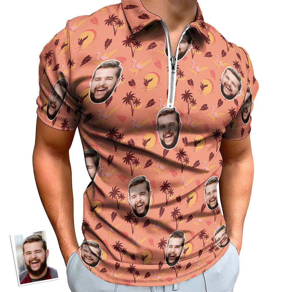 Benutzerdefiniertes Flamingo Tropical Sunset Herren-poloshirt, Personalisiertes Gesicht, Lustiges Poloshirt Mit Reißverschluss - dephotoblanket