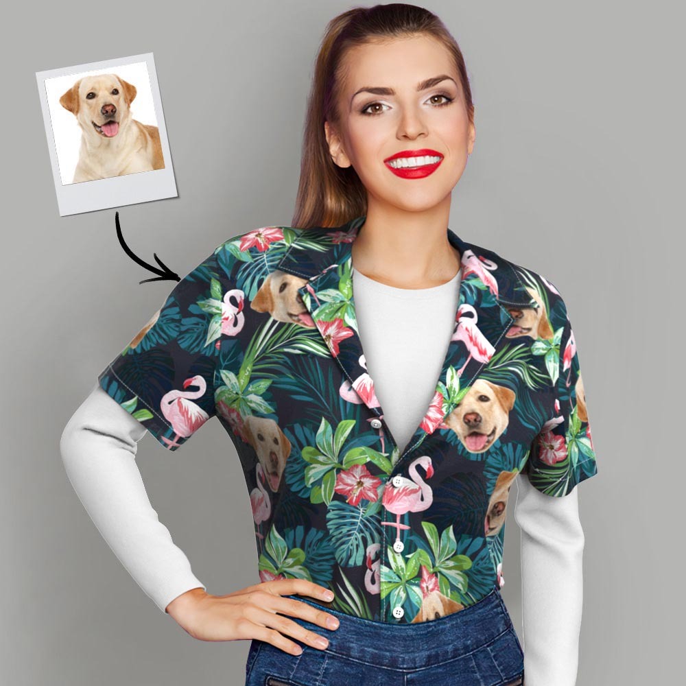 Benutzerdefiniertes Hawaii-Hemd mit Gesicht, individuelles Hundegesichts-Hemd, Blätter und Flamingo-Hawaii-Hemden - dephotoblanket