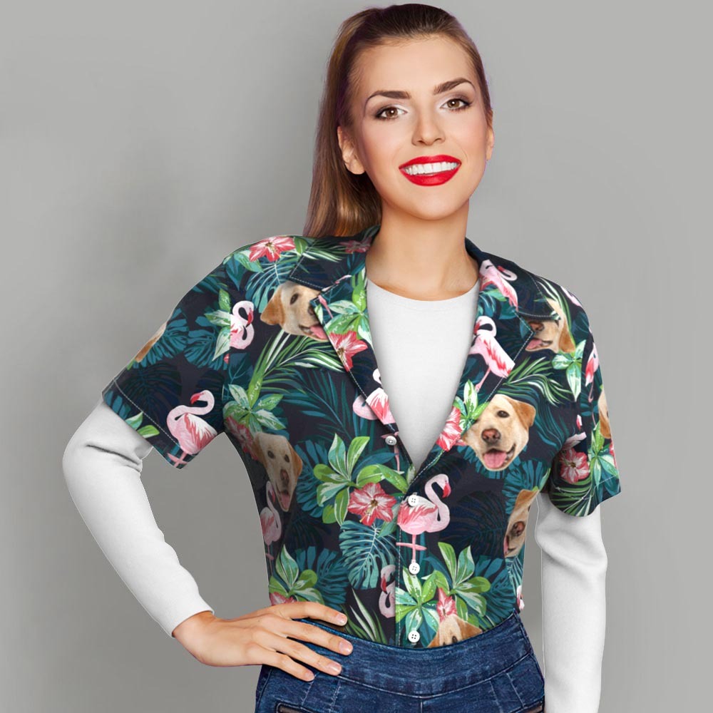 Benutzerdefiniertes Hawaii-Hemd mit Gesicht, individuelles Hundegesichts-Hemd, Blätter und Flamingo-Hawaii-Hemden - dephotoblanket