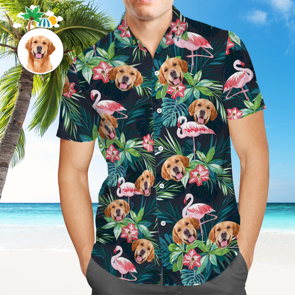 Benutzerdefiniertes Hawaii-Hemd mit Gesicht, individuelles Hundegesicht-Shirt, Blätter und Flamingo-Button-Down-Hemden, Geschenke für Haustierliebhaber - dephotoblanket