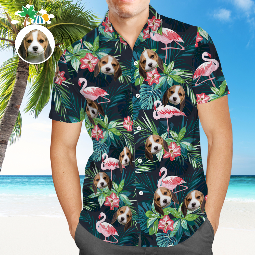 Benutzerdefiniertes Hawaii-Hemd mit Gesicht, individuelles Hundegesicht-Shirt, Blätter und Flamingo-Button-Down-Hemden, Geschenke für Haustierliebhaber - dephotoblanket