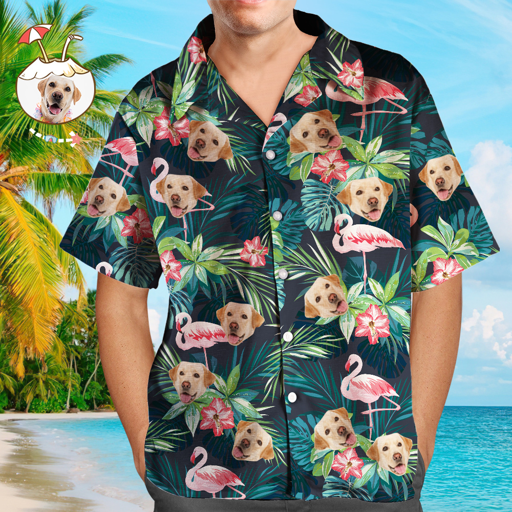 Benutzerdefiniertes Hawaii-Hemd mit Gesicht, individuelles Hundegesicht-Shirt, Blätter und Flamingo-Button-Down-Hemden, Geschenke für Haustierliebhaber - dephotoblanket