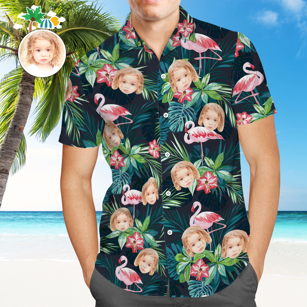 Benutzerdefiniertes Hawaii-Hemd mit Gesicht, individuelles Hundegesicht-Shirt, Blätter und Flamingo-Button-Down-Hemden, Geschenke für Haustierliebhaber - dephotoblanket