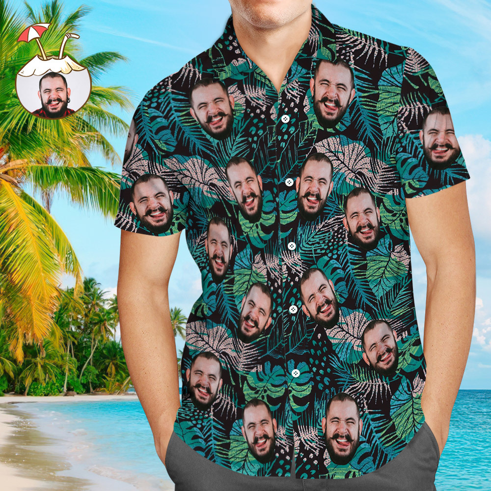 Benutzerdefinierte Hawaii-Hemden Muti-Face-Design Sommerblätter personalisiertes Aloha-Strandhemd für Männer - dephotoblanket