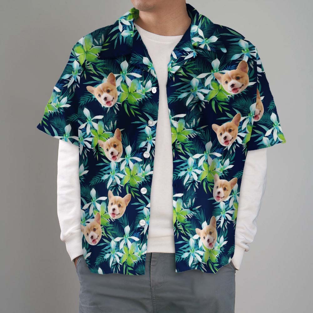 Benutzerdefiniertes Hawaii-Hemd mit Gesicht, individuelles Hundegesicht, Hawaii-Hemd, Blätter, tropische Hemden - dephotoblanket