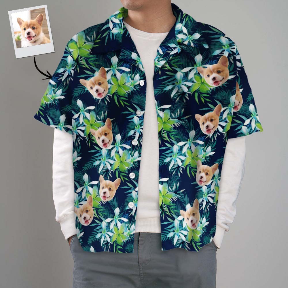 Benutzerdefiniertes Hawaii-Hemd mit Gesicht, individuelles Hundegesicht, Hawaii-Hemd, Blätter, tropische Hemden - dephotoblanket